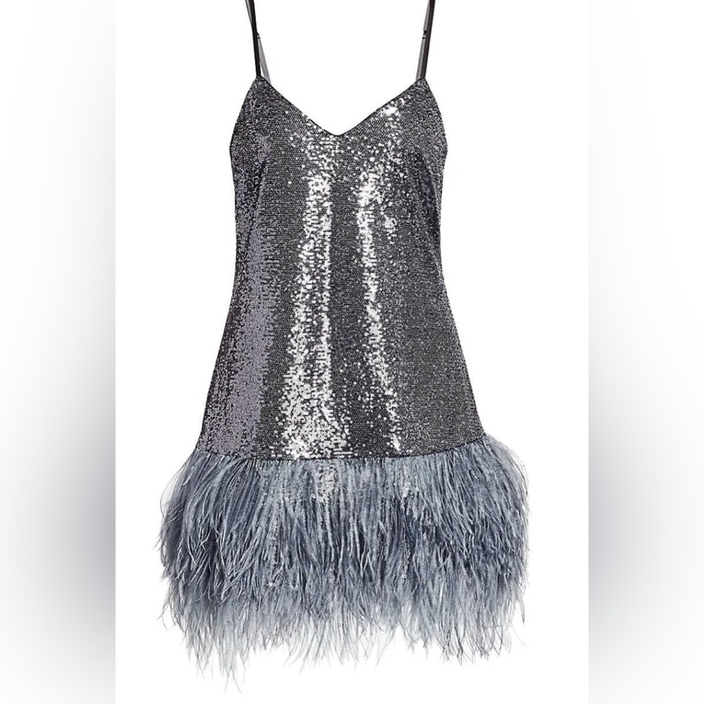 Cinq à Sept Silver Sequin Dress with Feather Hem